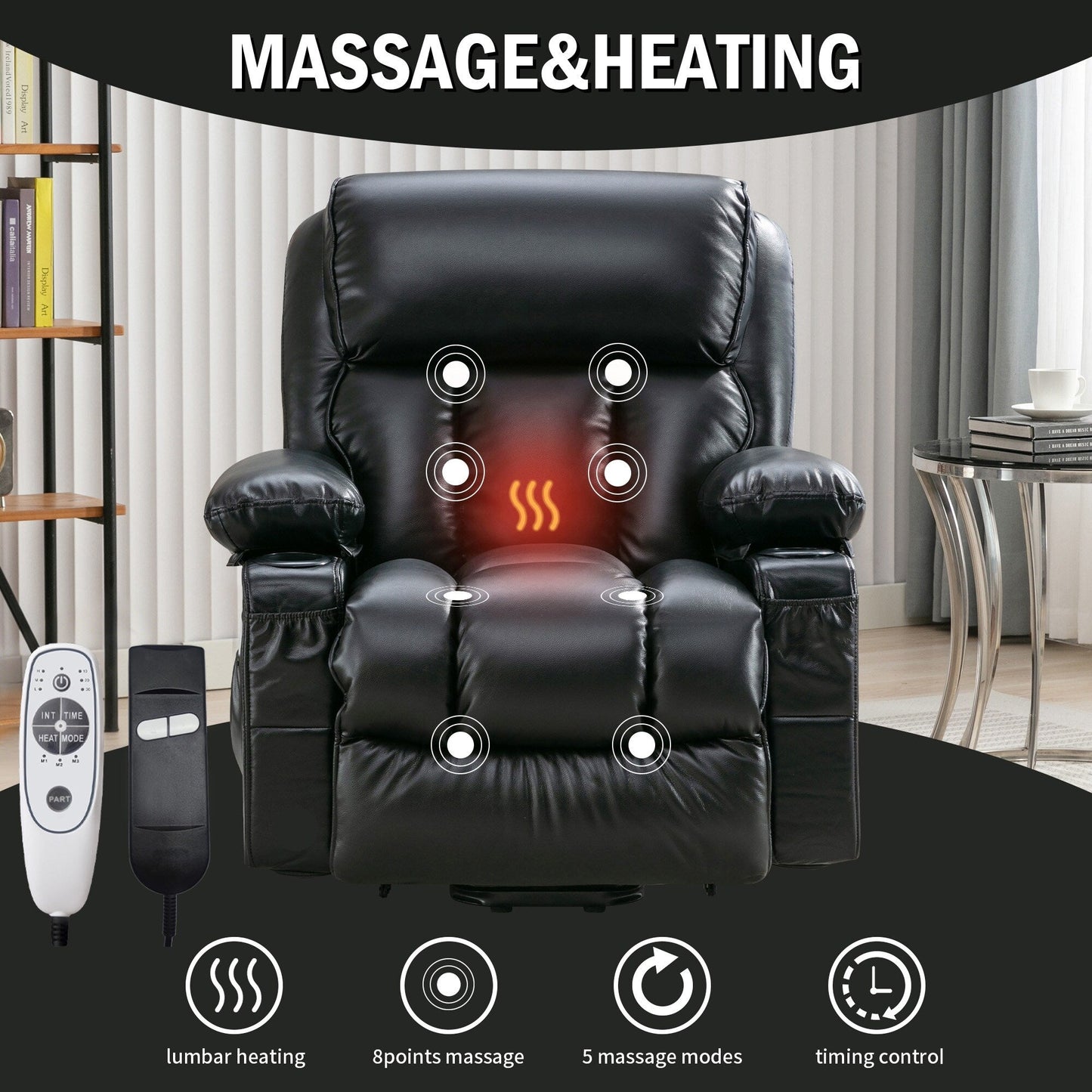 Grand fauteuil inclinable électrique avec chauffage et massage 8 points - Télécommande, port USB