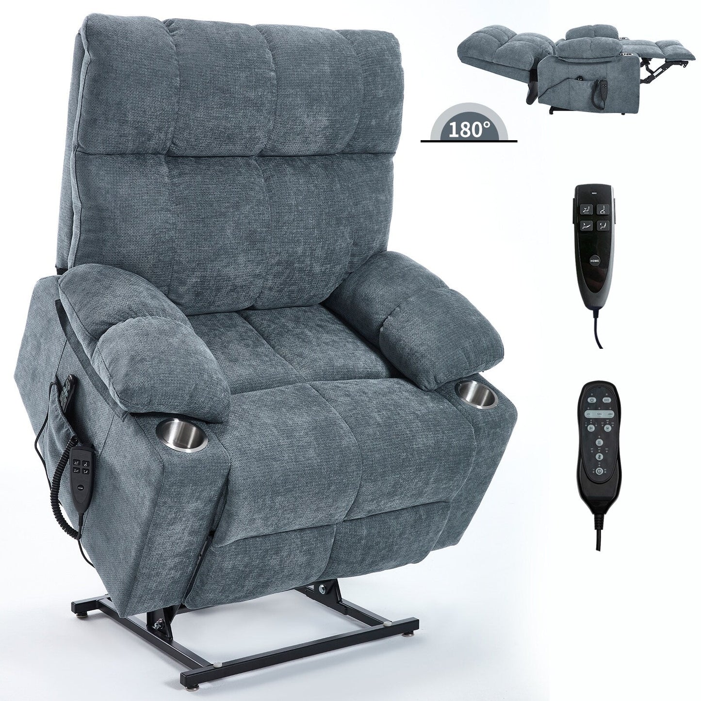 Fauteuil inclinable électrique Lazy Boy à double moteur en chenille avec massage et chauffage lombaire, deux porte-gobelets, gris-bleu