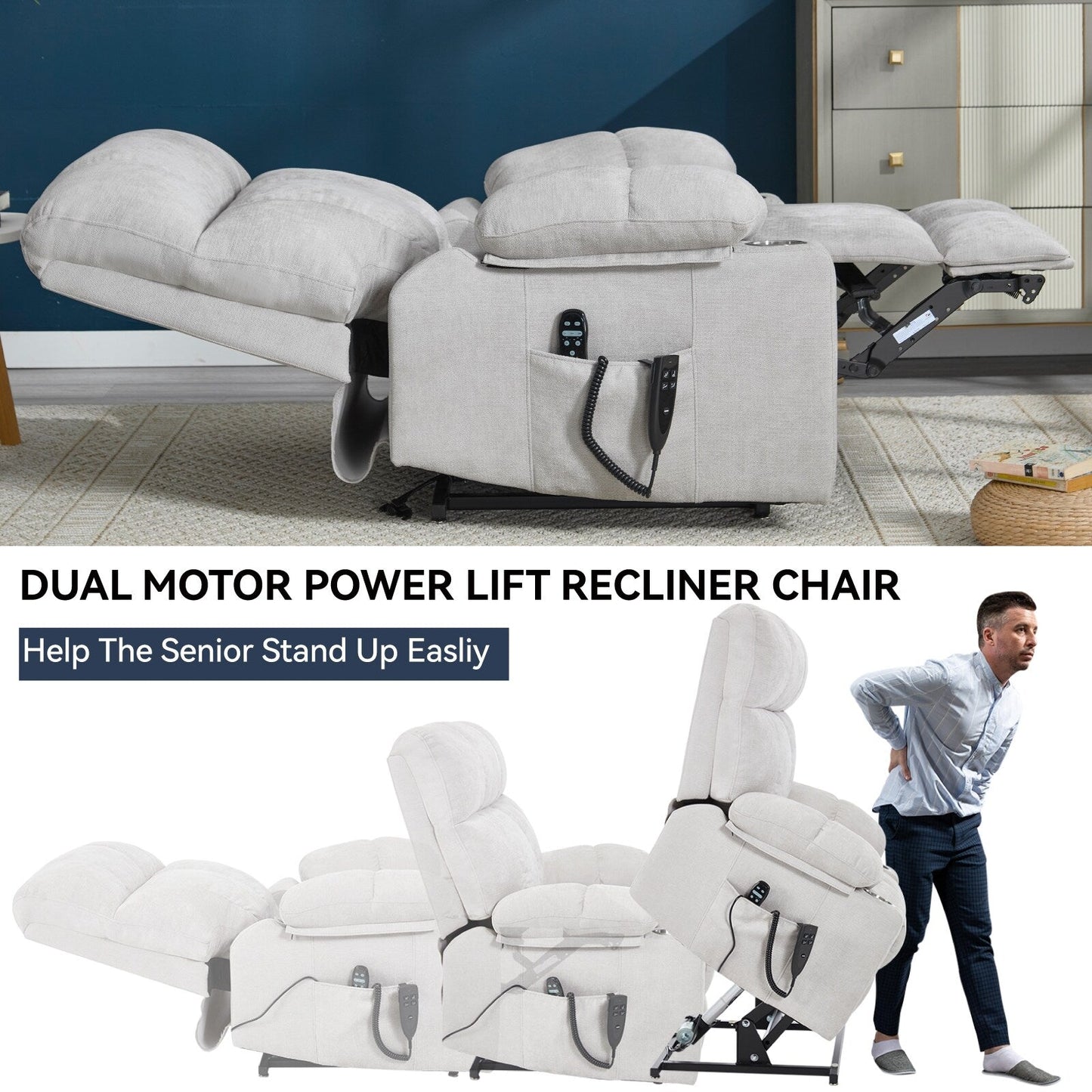 Fauteuil inclinable électrique Lazy Boy à double moteur en chenille avec massage et chauffage lombaire, deux porte-gobelets, gris-bleu