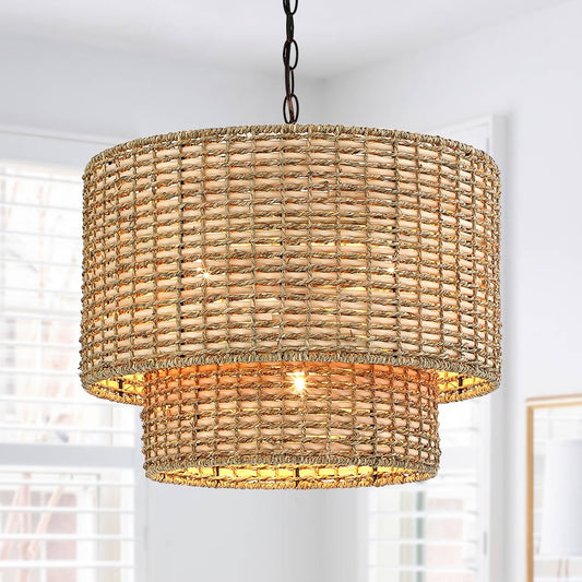Lustre tambour à 4 lumières en rotin Lennie de 20 po avec auvent noir - 20 po de largeur - 20 po de largeur