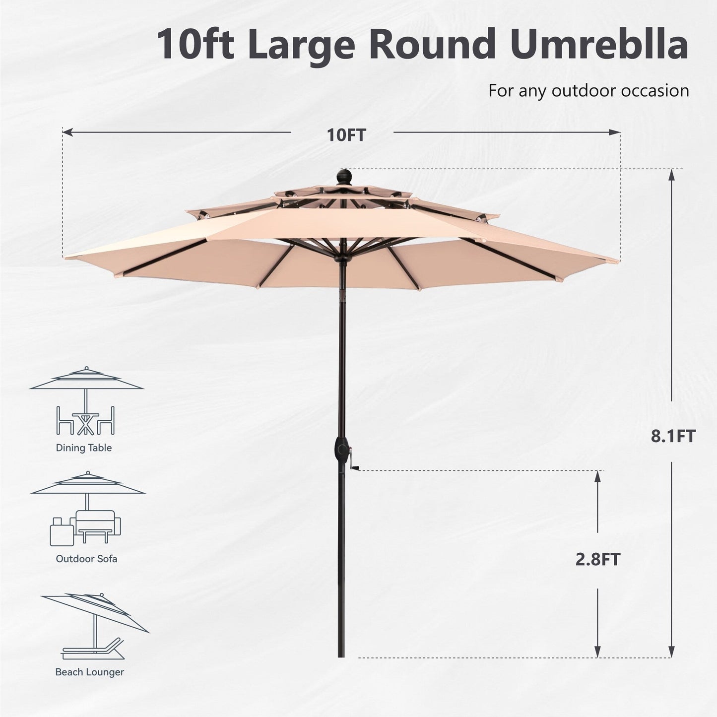 Parasol d'extérieur MAISON ARTS de 3 m (10 pi) à 3 niveaux, compatible avec la plupart des tables de patio, avec ventilation, inclinaison automatique et manivelle.