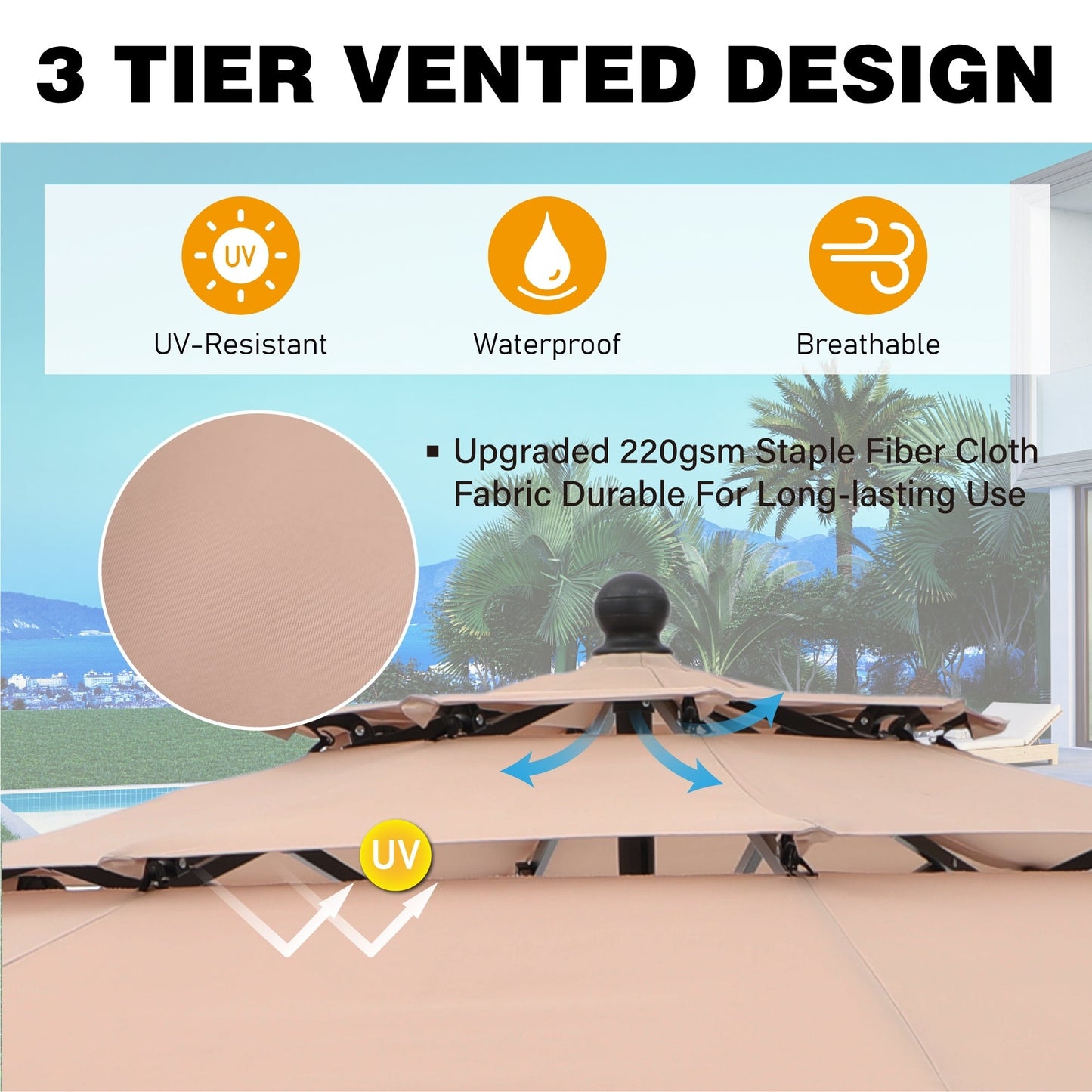 Parasol d'extérieur MAISON ARTS de 3 m (10 pi) à 3 niveaux, ventilé, avec inclinaison automatique et manivelle.