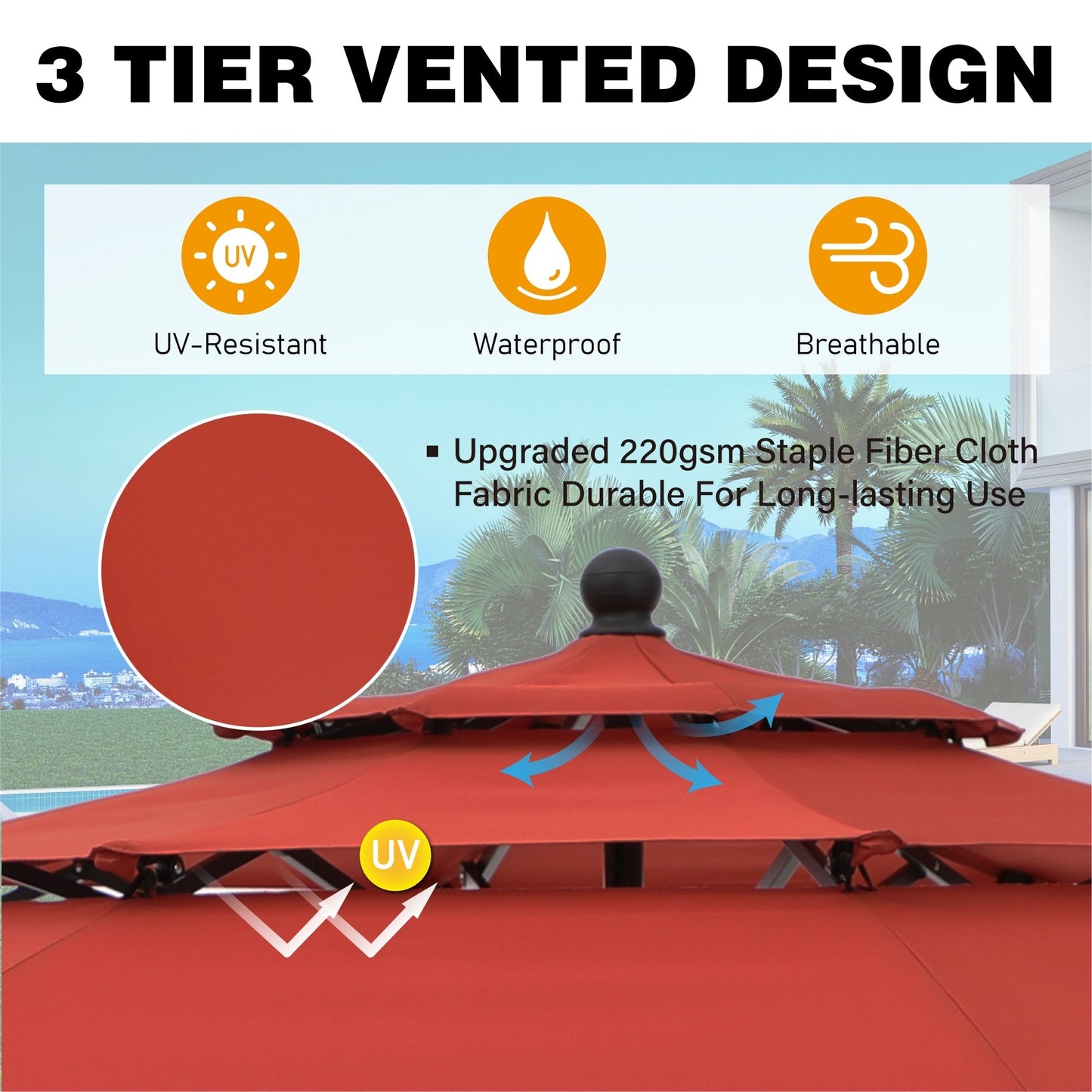 Parasol d'extérieur MAISON ARTS de 3 m (10 pi) à 3 niveaux, ventilé, avec inclinaison automatique et manivelle.