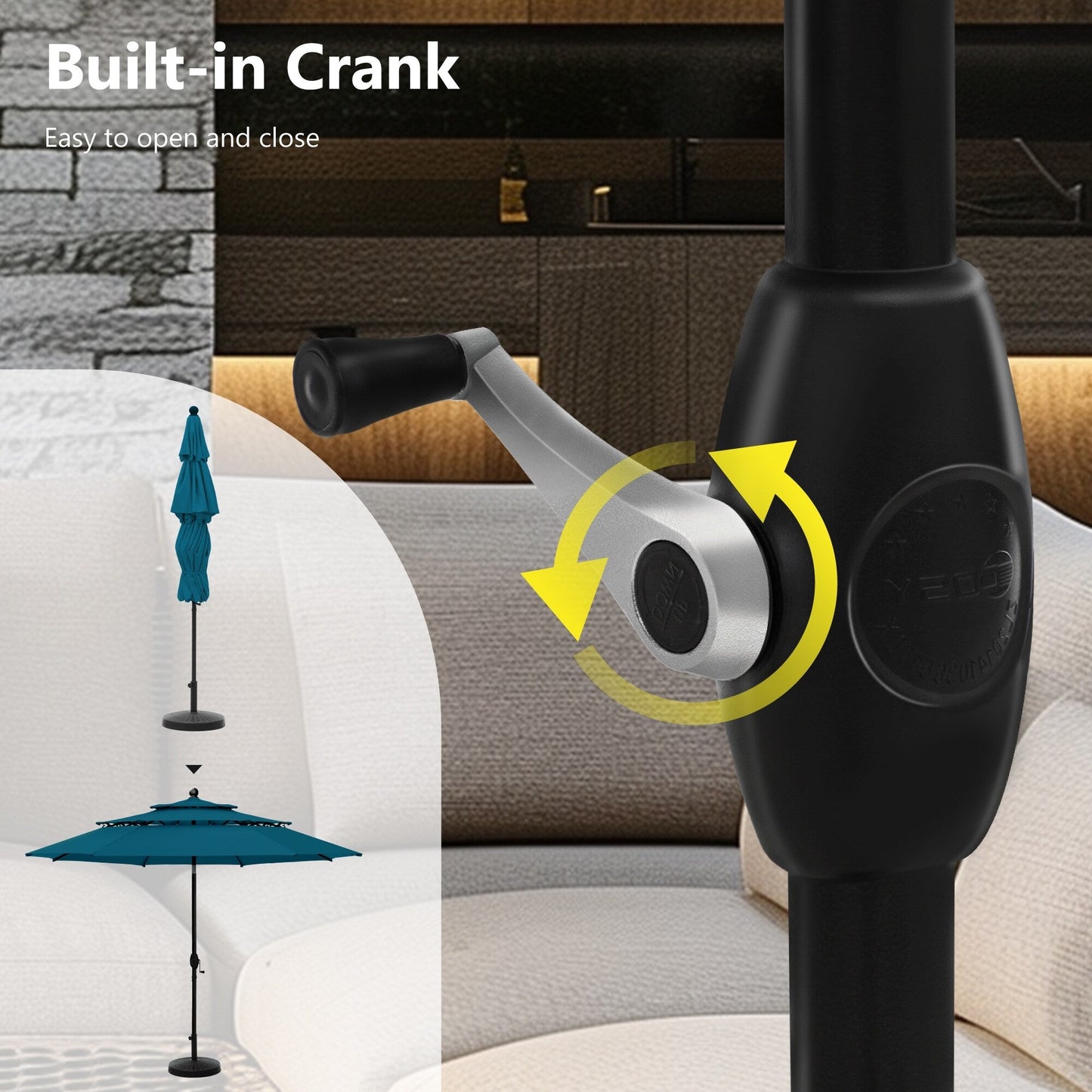 Parasol d'extérieur MAISON ARTS de 3 m (10 pi) à 3 niveaux, ventilé, avec inclinaison automatique et manivelle.