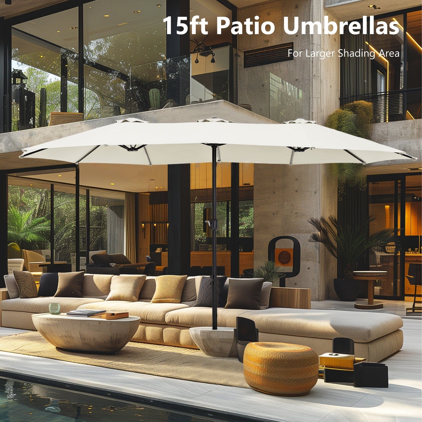 Parasol double extra large de 15 pieds pour patio double face de MAISON ARTS avec base incluse
