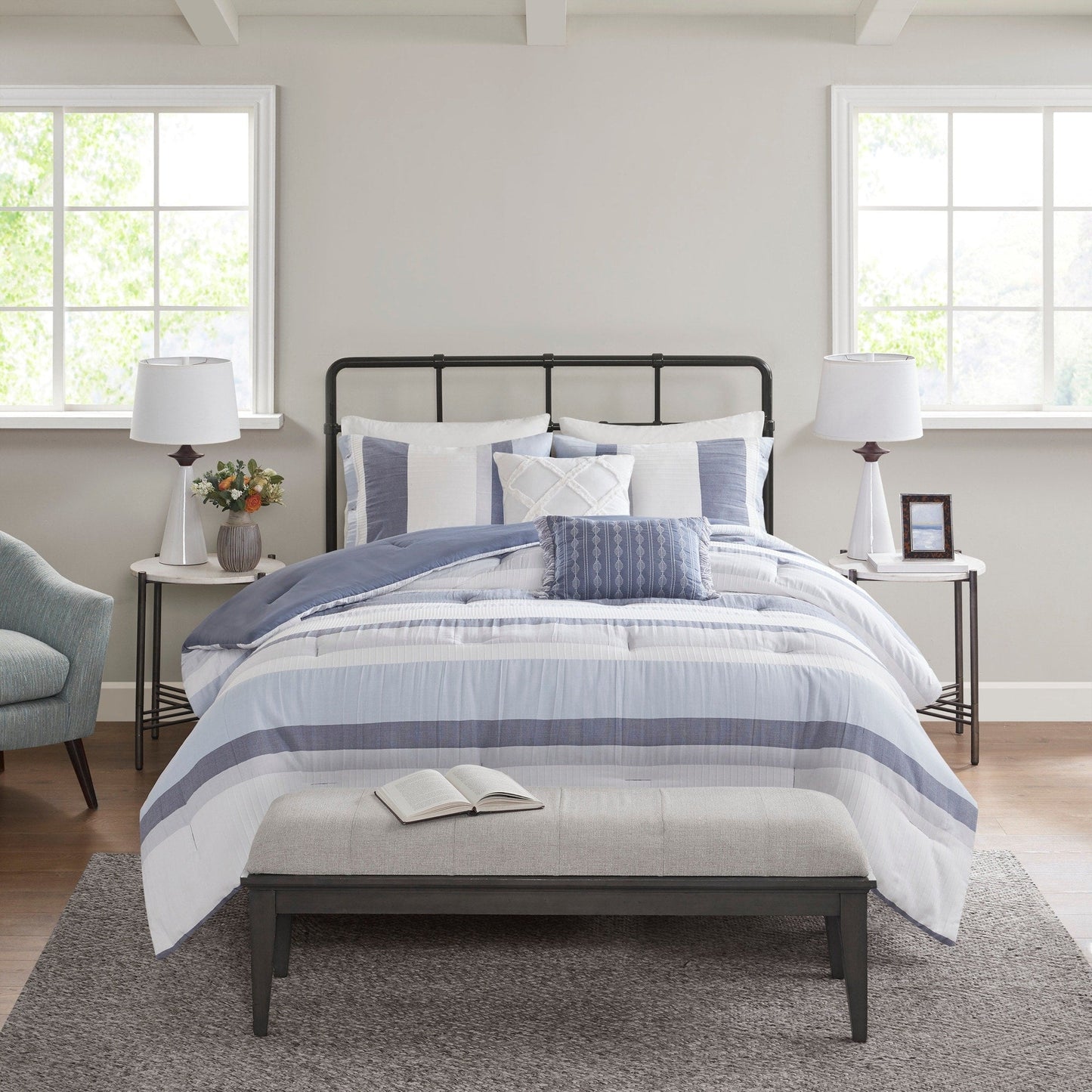 Ensemble de couette jacquard 5 pièces Madison Park Levi Blue/Naturel
