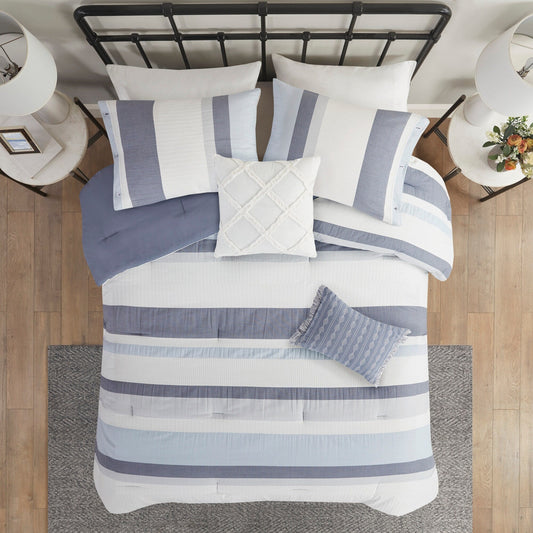 Ensemble de couette jacquard 5 pièces Madison Park Levi Blue/Naturel