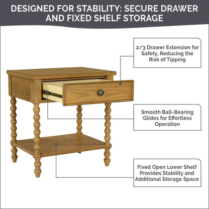 Table de chevet Madison Park Signature Beckett en bois tourné avec tiroir et étagère