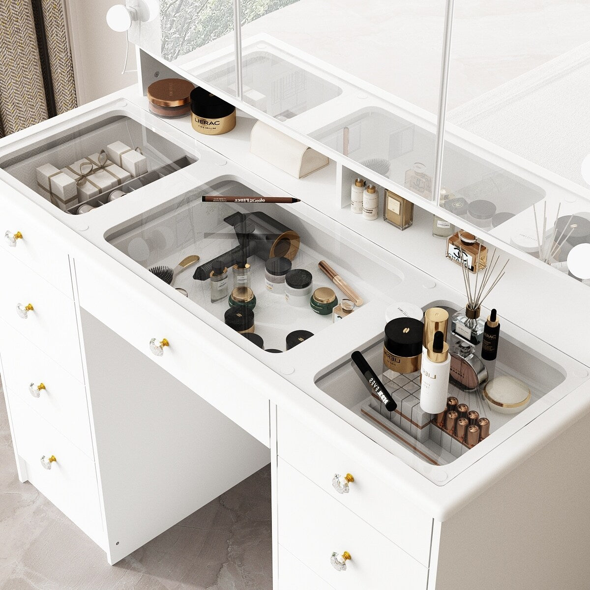 Coiffeuse avec miroir à trois volets et éclairage certifié, plateau en verre