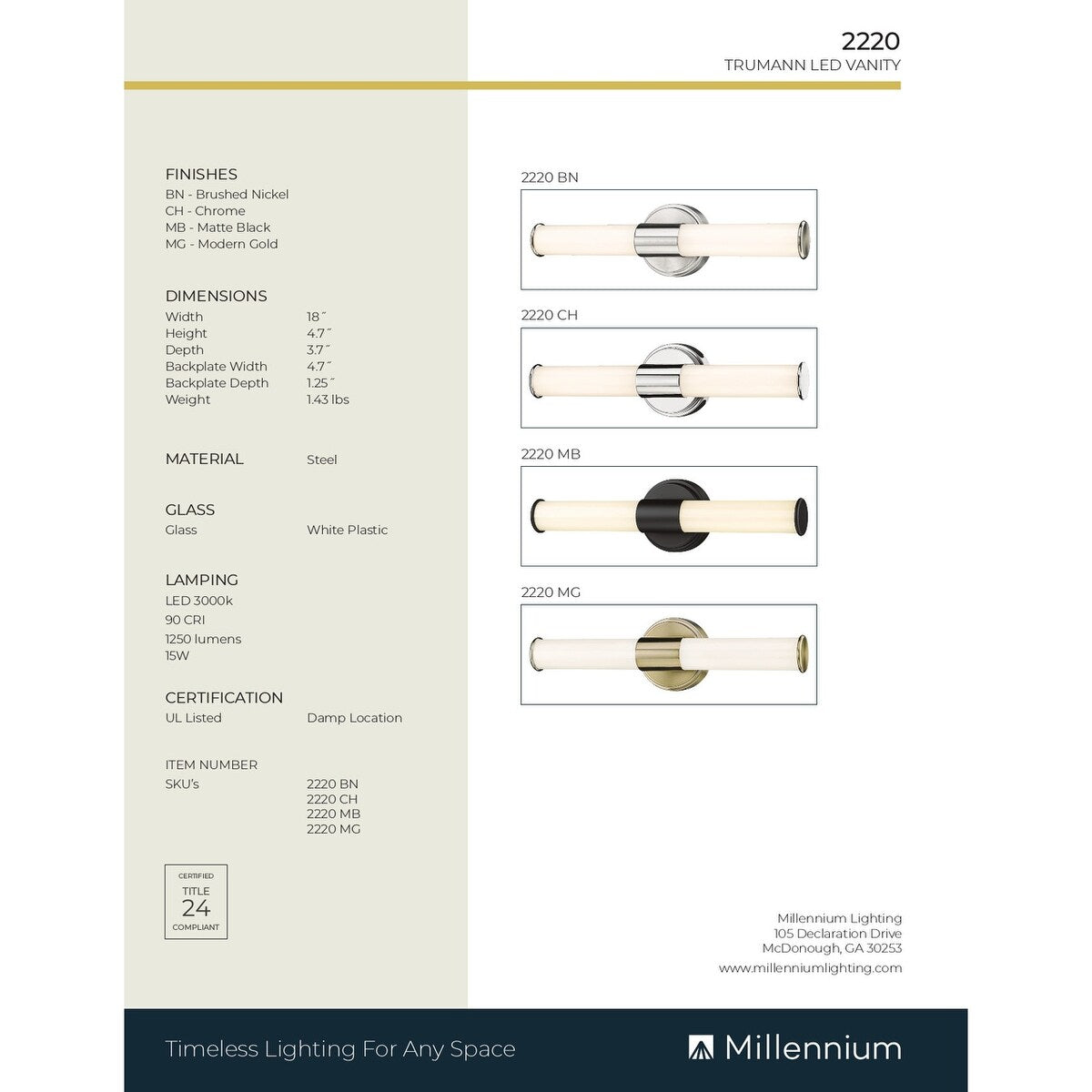 Luminaire de salle de bain à DEL Truman de Millennium Lighting, disponible en plusieurs finitions