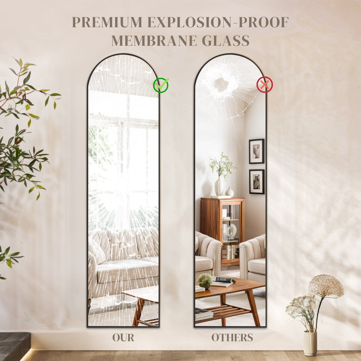 Miroir mural pleine longueur avec verre incassable, sur pied pour chambre ou dressing