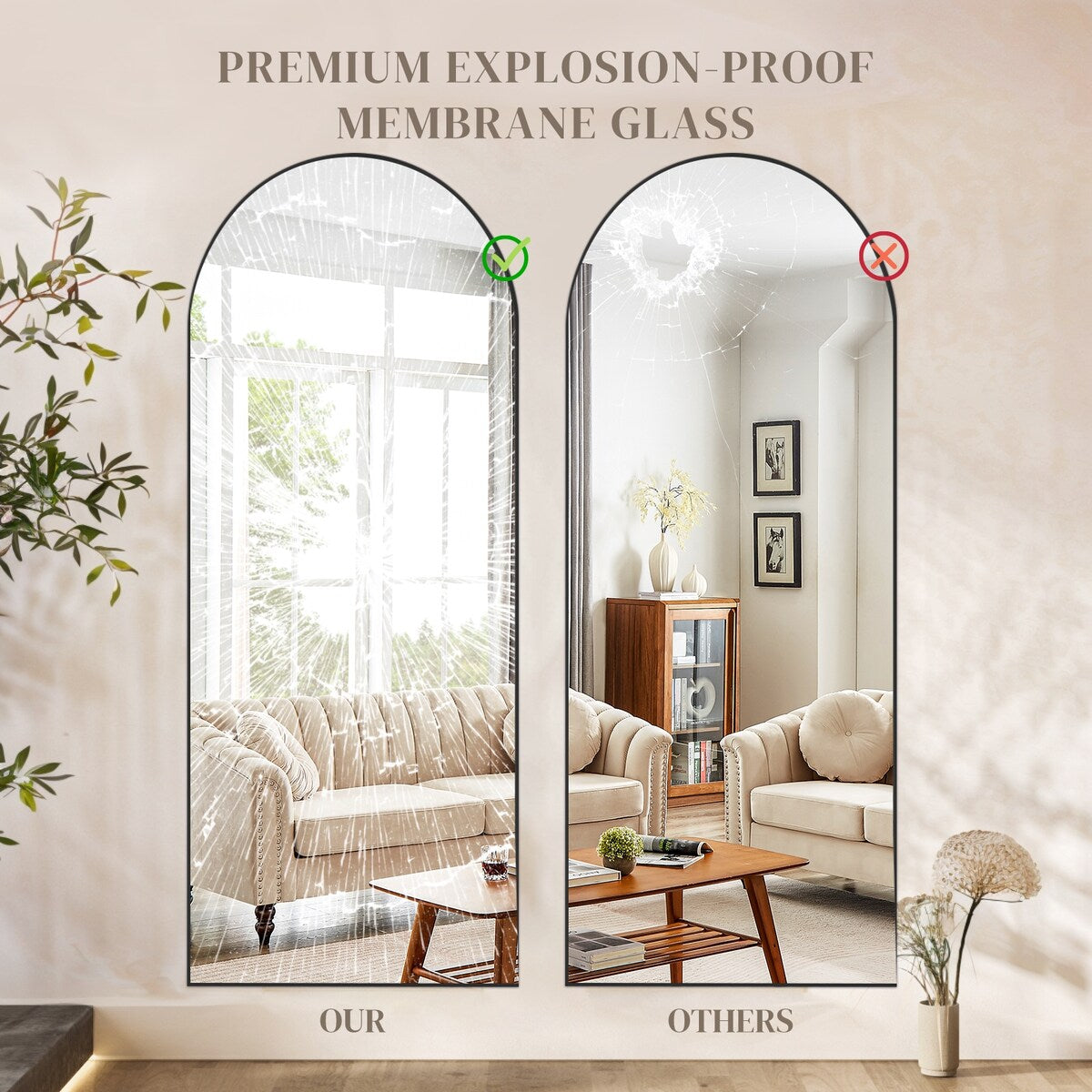 Miroir mural pleine longueur avec verre incassable, sur pied pour chambre ou dressing