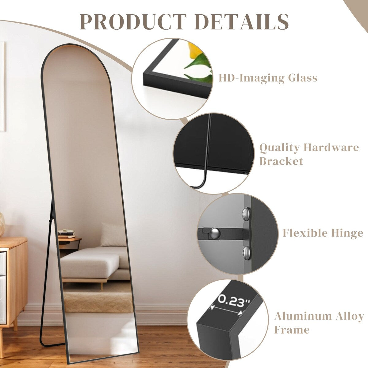 Miroir mural pleine longueur avec verre incassable, sur pied pour chambre ou dressing