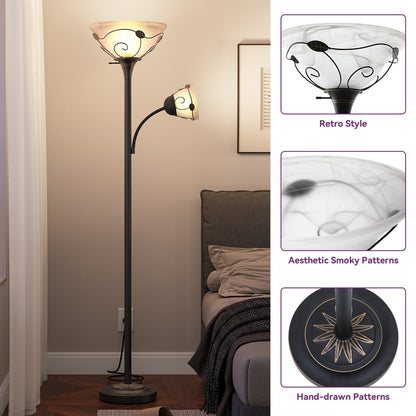 Lampadaire torche traditionnel Moasis 71 avec lampe de lecture réglable, abat-jour en verre albâtre - 180 cm de hauteur