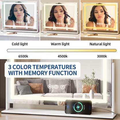 Miroir de maquillage Moasis avec lumière LED, port de chargement USB, grossissement x10 et haut-parleur Bluetooth.