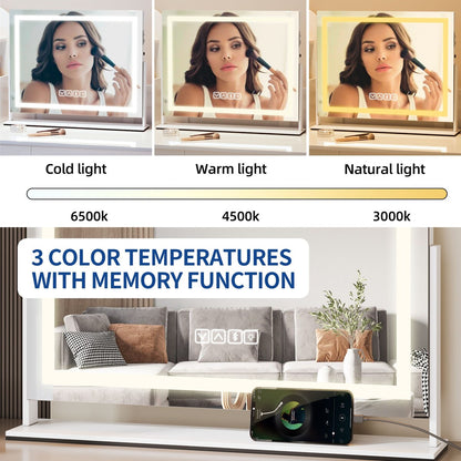 Miroir de maquillage Moasis avec lumière LED, port de chargement USB, grossissement x10 et haut-parleur Bluetooth.