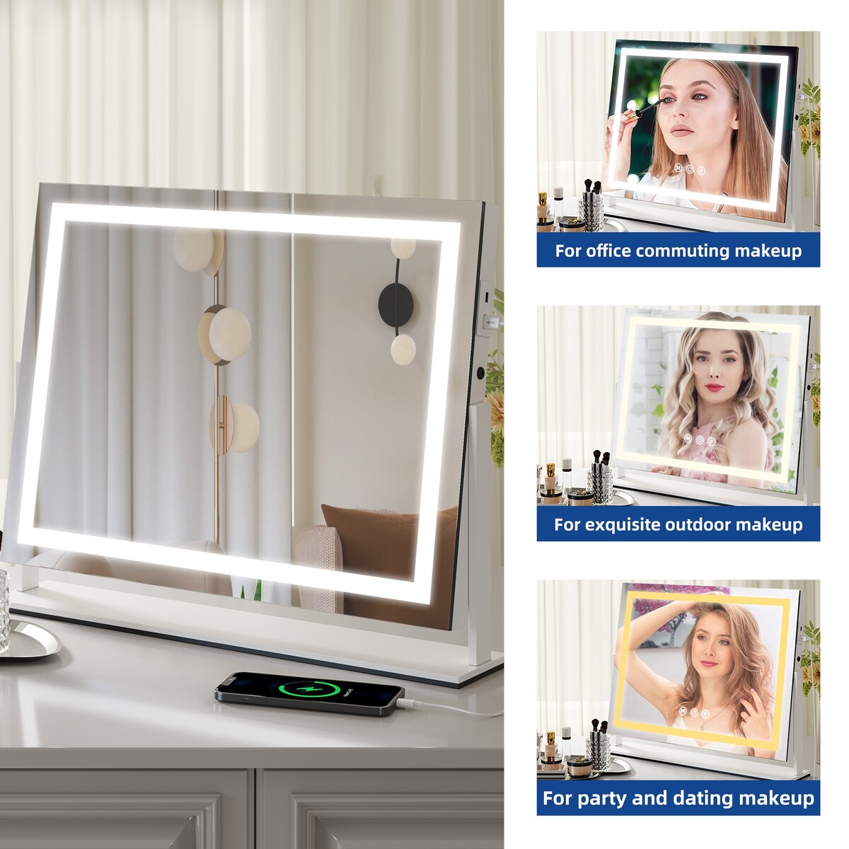 Miroir de maquillage Moasis avec lumière LED, port de chargement USB, grossissement x10 et haut-parleur Bluetooth.