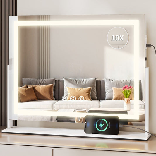 Miroir de maquillage Moasis avec lumière LED, port de chargement USB, grossissement x10 et haut-parleur Bluetooth.