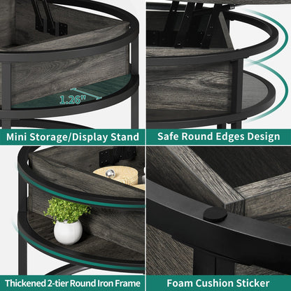 Table basse ronde Moasis avec plateau relevable et rangement dissimulé