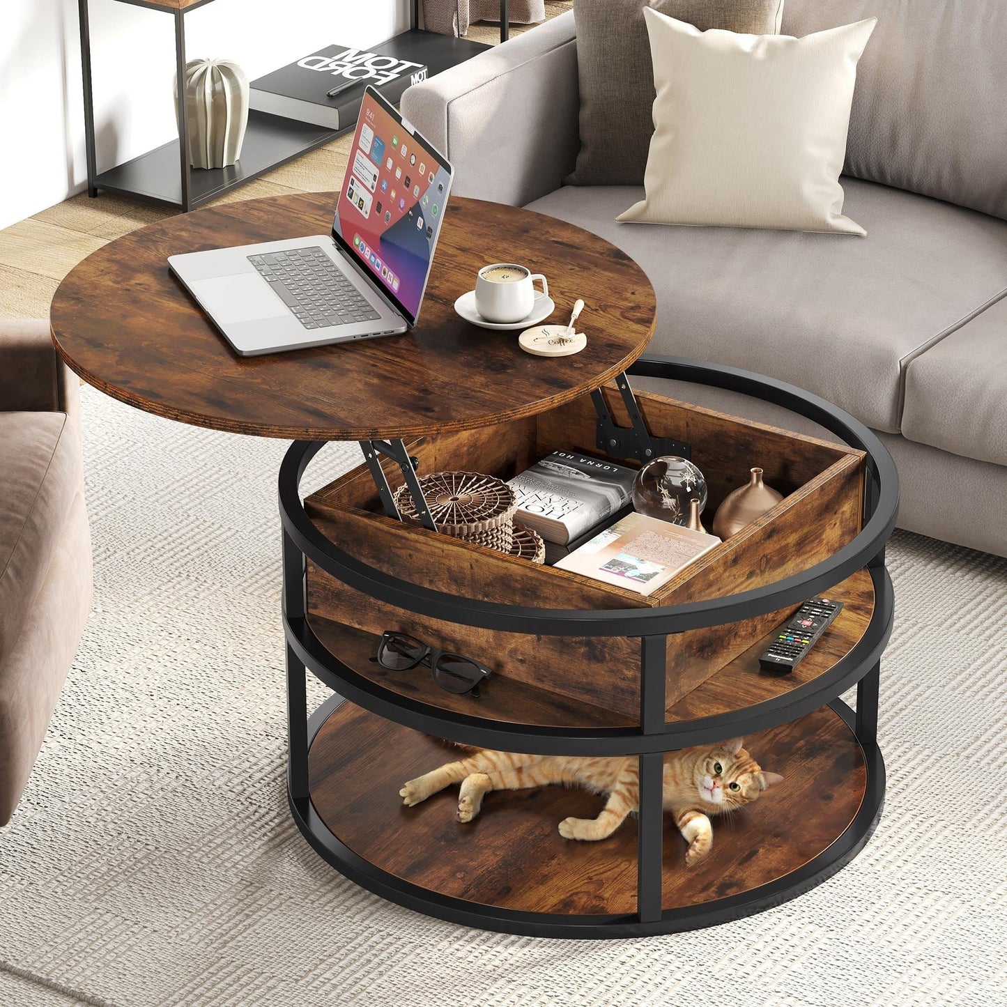 Table basse ronde Moasis avec plateau relevable et rangement dissimulé