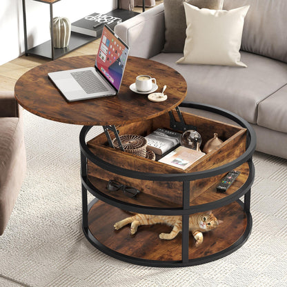 Table basse ronde Moasis avec plateau relevable et rangement dissimulé