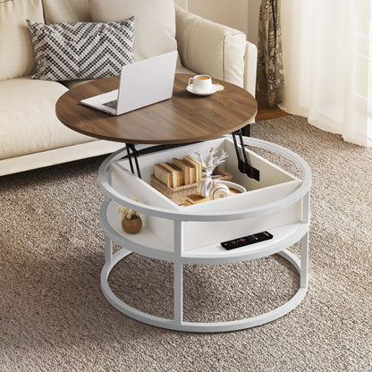 Table basse ronde Moasis avec plateau relevable et rangement dissimulé