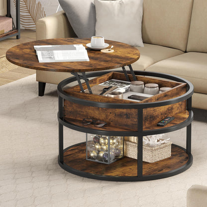 Table basse ronde Moasis avec plateau relevable et rangement dissimulé