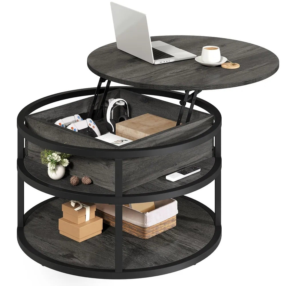 Table basse ronde Moasis avec plateau relevable et rangement dissimulé