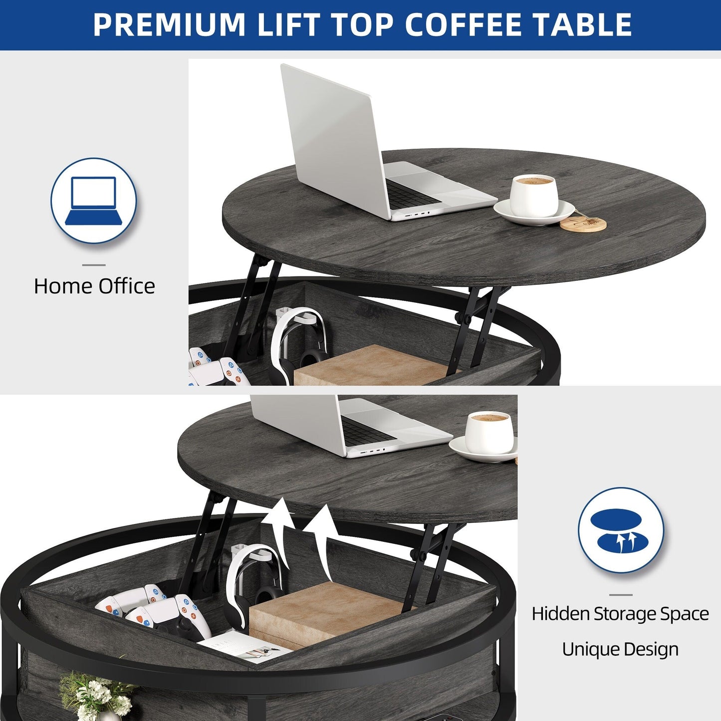 Table basse ronde Moasis avec plateau relevable et rangement dissimulé