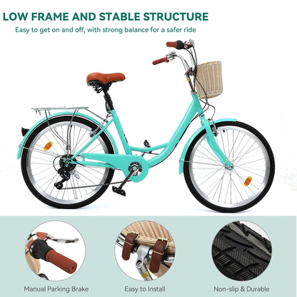 Vélo de croisière Moasis24/26 à 7 vitesses, vélo à cadre réglable, vélo de trajet