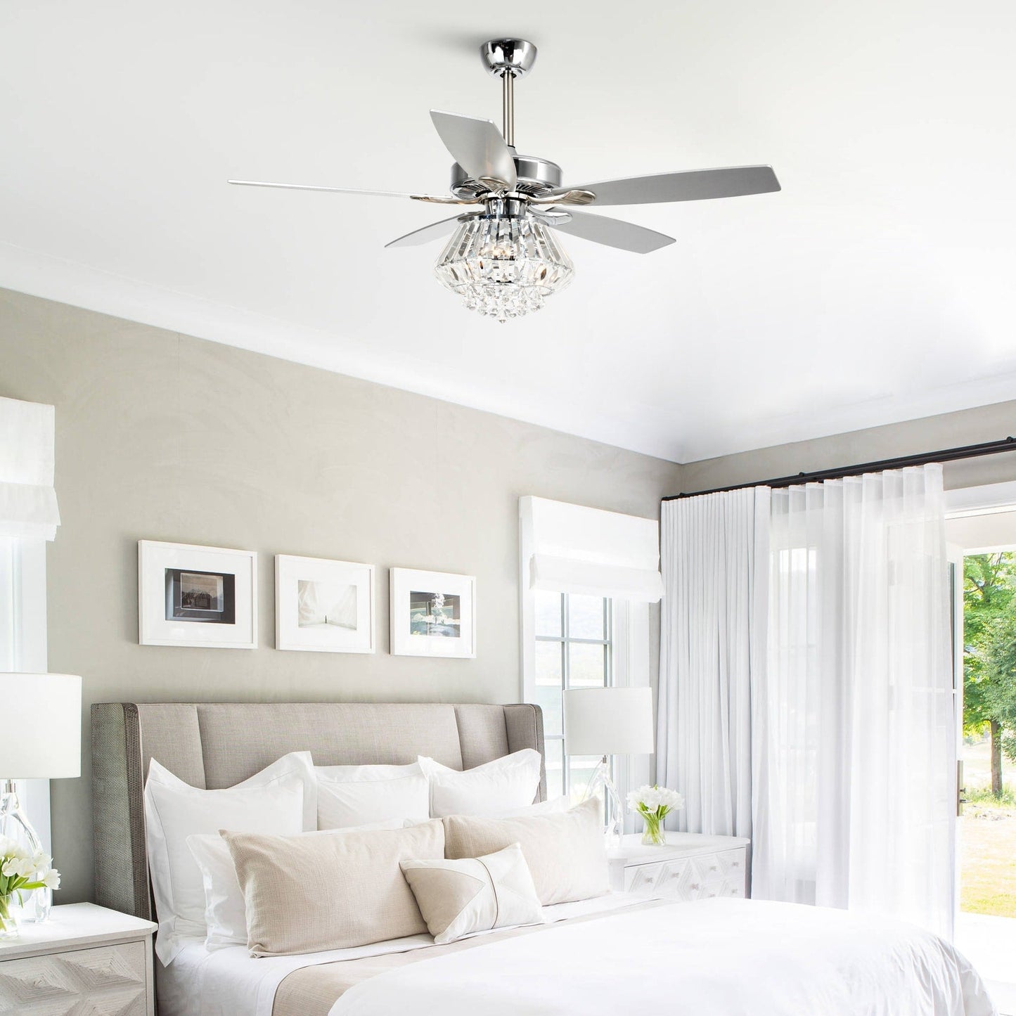 Ventilateur de plafond moderne en cristal chromé de 52 pouces avec télécommande
