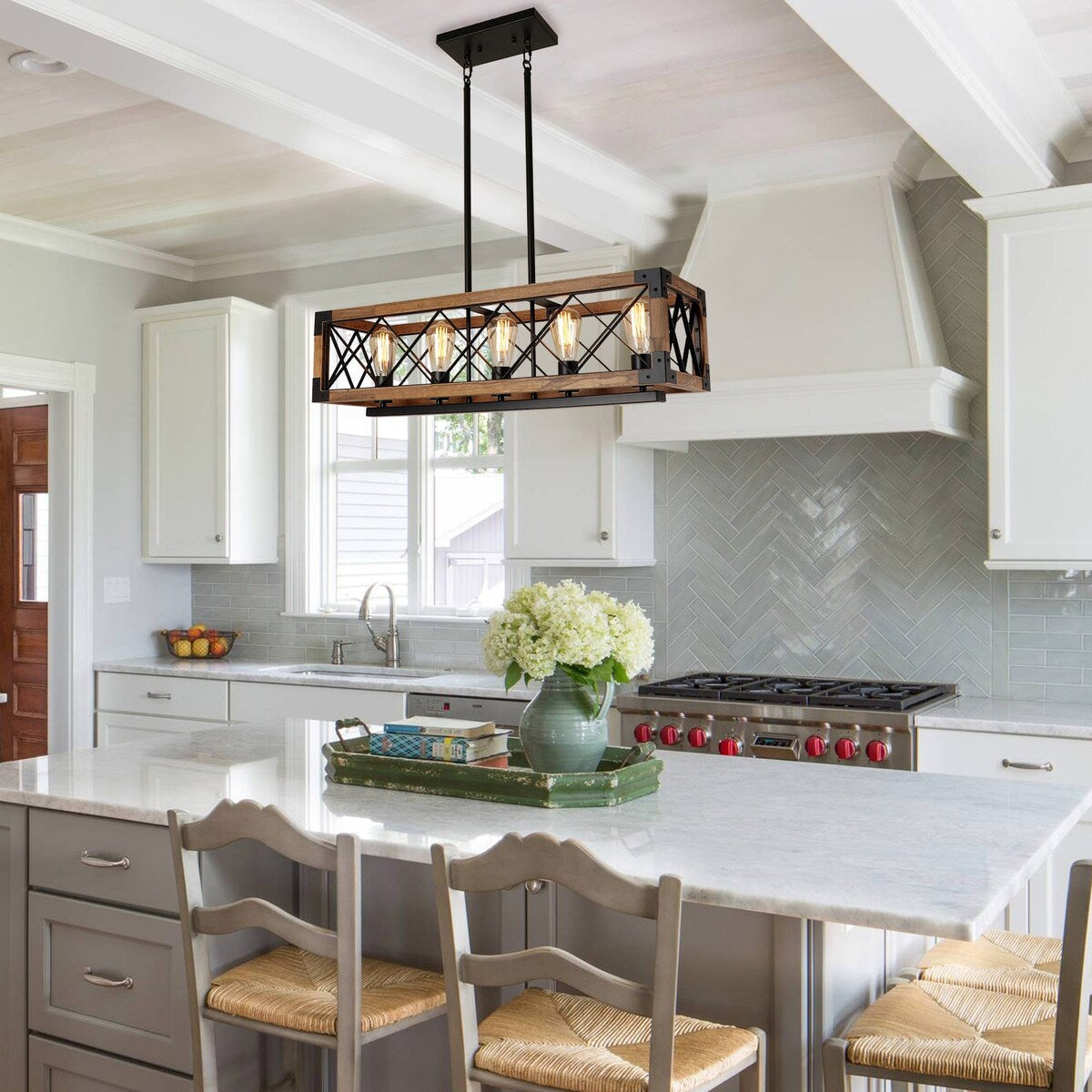 Lustre rectangulaire en bois à 5 lumières de style ferme moderne pour salle à manger - 31,6 L x 10 l x 7,8 H