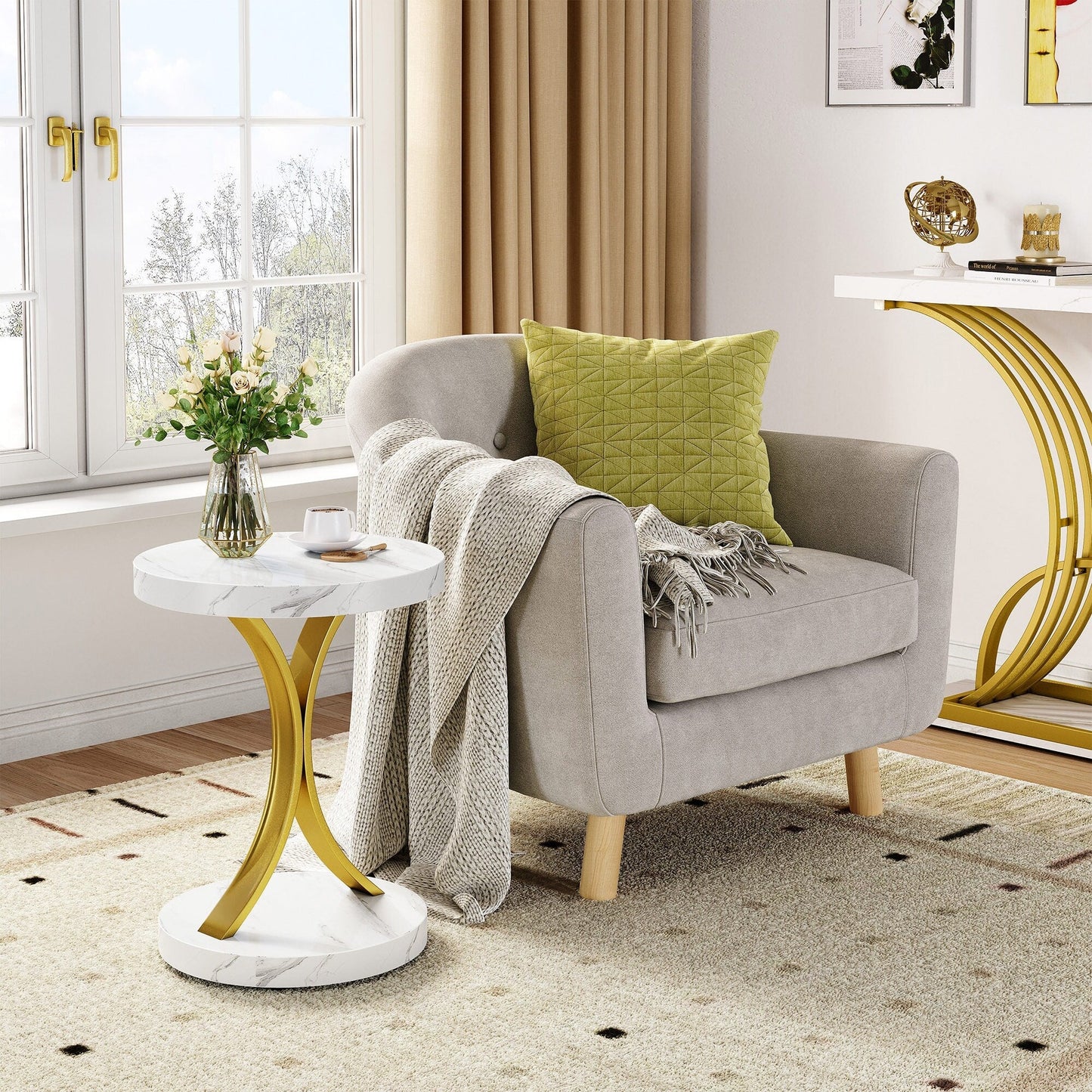 Console moderne dorée avec plateau marbré pour entrée/couloir