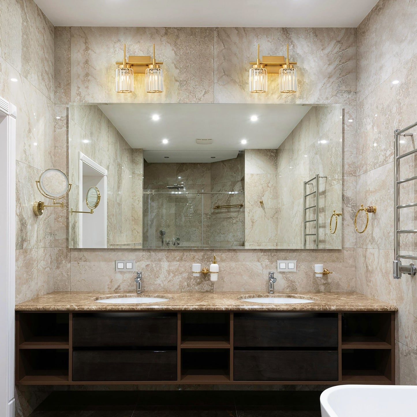 Applique murale moderne dorée à intensité variable, style cylindre glamour pour salle de bain, en cristal, pour meuble-lavabo