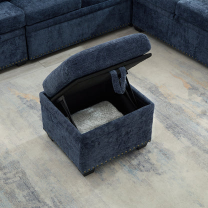 Canapé sectionnel moderne en chenille en forme de L avec canapé-lit gigogne, sièges de rangement, pouf et 2 oreillers pour le salon