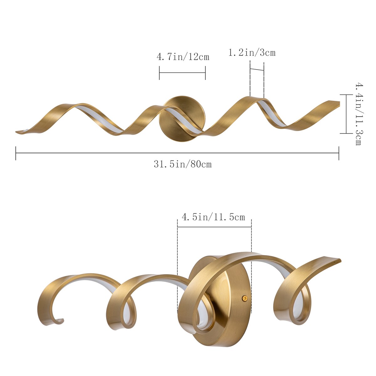 Applique murale LED moderne en spirale pour salle de bain, à intensité variable.