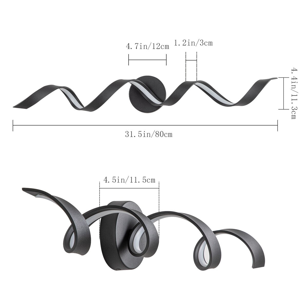 Applique murale LED moderne en spirale pour salle de bain, à intensité variable.