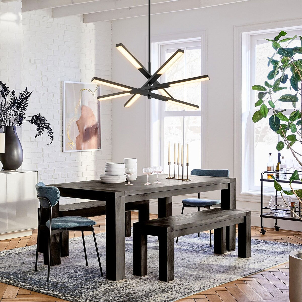 Lustre moderne linéaire à plusieurs niveaux de style Sputnik, lumière chaude 3000K, LED intégrée