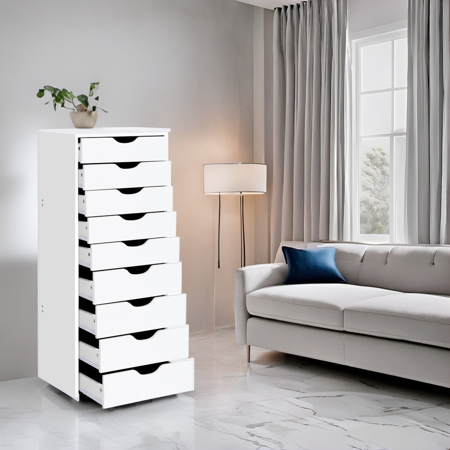 Armoire étroite en bois à 9 tiroirs avec tiroirs coulissants en douceur et étagère de rangement supérieure