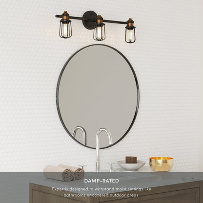 Applique murale Nathan James Rori pour salle de bain intérieure, 3 lumières, style ferme, avec détails en laiton.