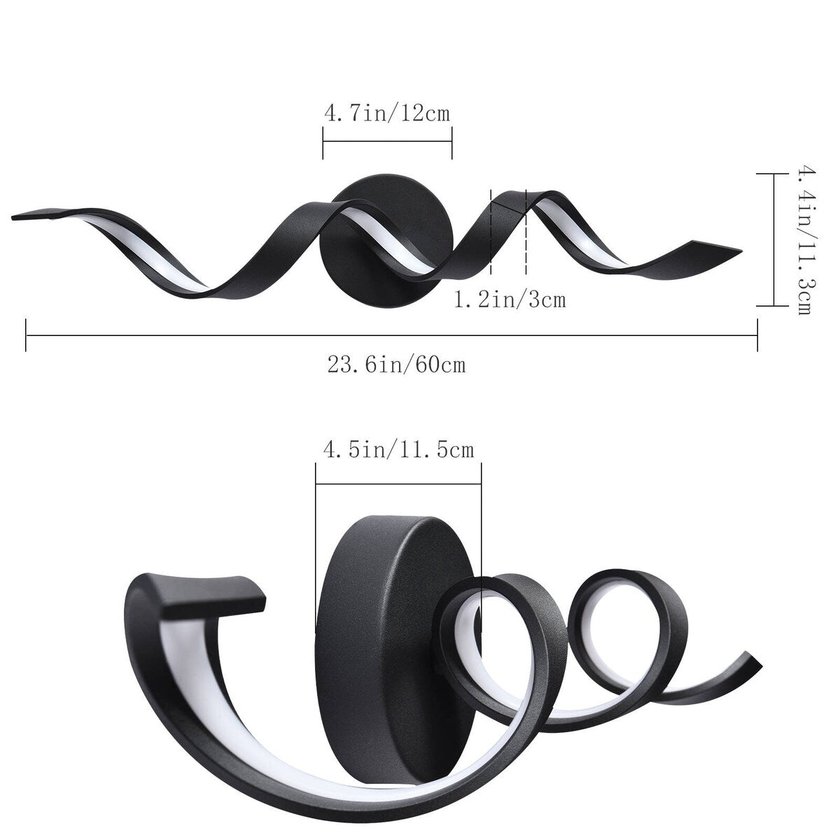 Applique murale LED moderne en spirale pour salle de bain, à intensité variable.