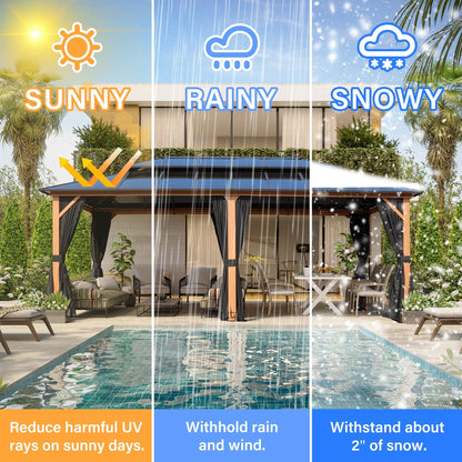 Gazebo à toit rigide EROMMY, pergola d'extérieur avec double toit, filet et rideaux, auvent robuste pour patio, arrière-cour, fête au bord de la piscine