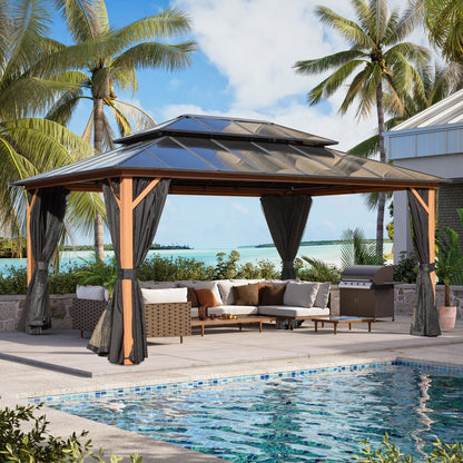 Gazebo à toit rigide EROMMY, pergola d'extérieur avec double toit, filet et rideaux, auvent robuste pour patio, arrière-cour, fête au bord de la piscine