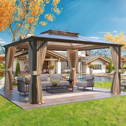 Gazebo à toit rigide EROMMY, pergola d'extérieur avec double toit, filet et rideaux, auvent robuste pour patio, arrière-cour, fête au bord de la piscine