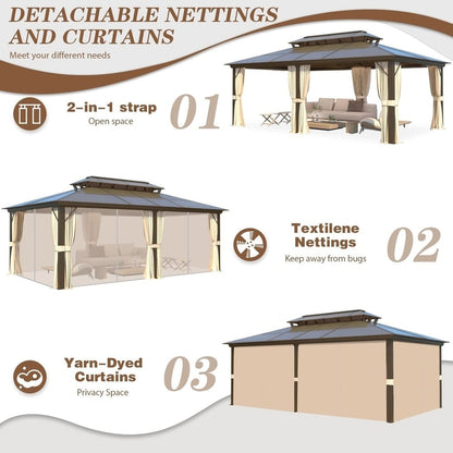 Gazebo à toit rigide EROMMY, pergola d'extérieur avec double toit, filet et rideaux, auvent robuste pour patio, arrière-cour, fête au bord de la piscine