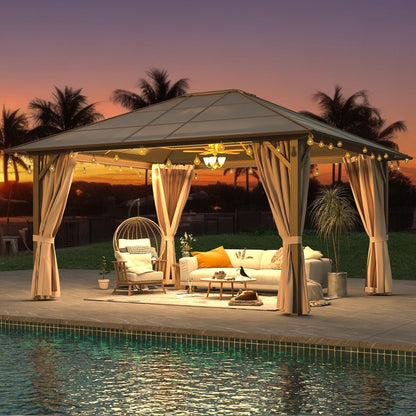 Gazebo à toit rigide EROMMY, pergola d'extérieur avec double toit, filet et rideaux, auvent robuste pour patio, arrière-cour, fête au bord de la piscine