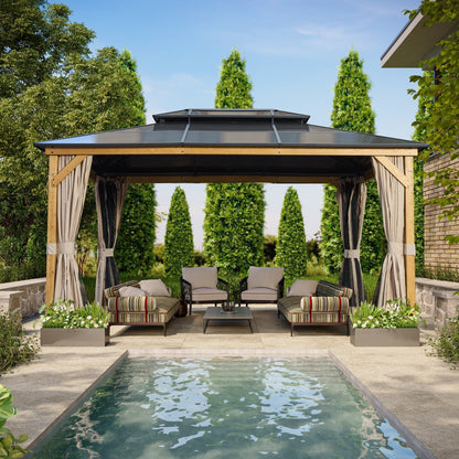 Gazebo à toit rigide EROMMY, pergola d'extérieur avec double toit, filet et rideaux, auvent robuste pour patio, arrière-cour, fête au bord de la piscine