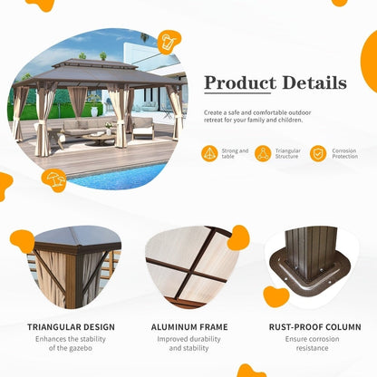 Tonnelle à toit rigide pour jardin – Pergola permanente avec filet, rideaux et double toit, abri extérieur toutes saisons