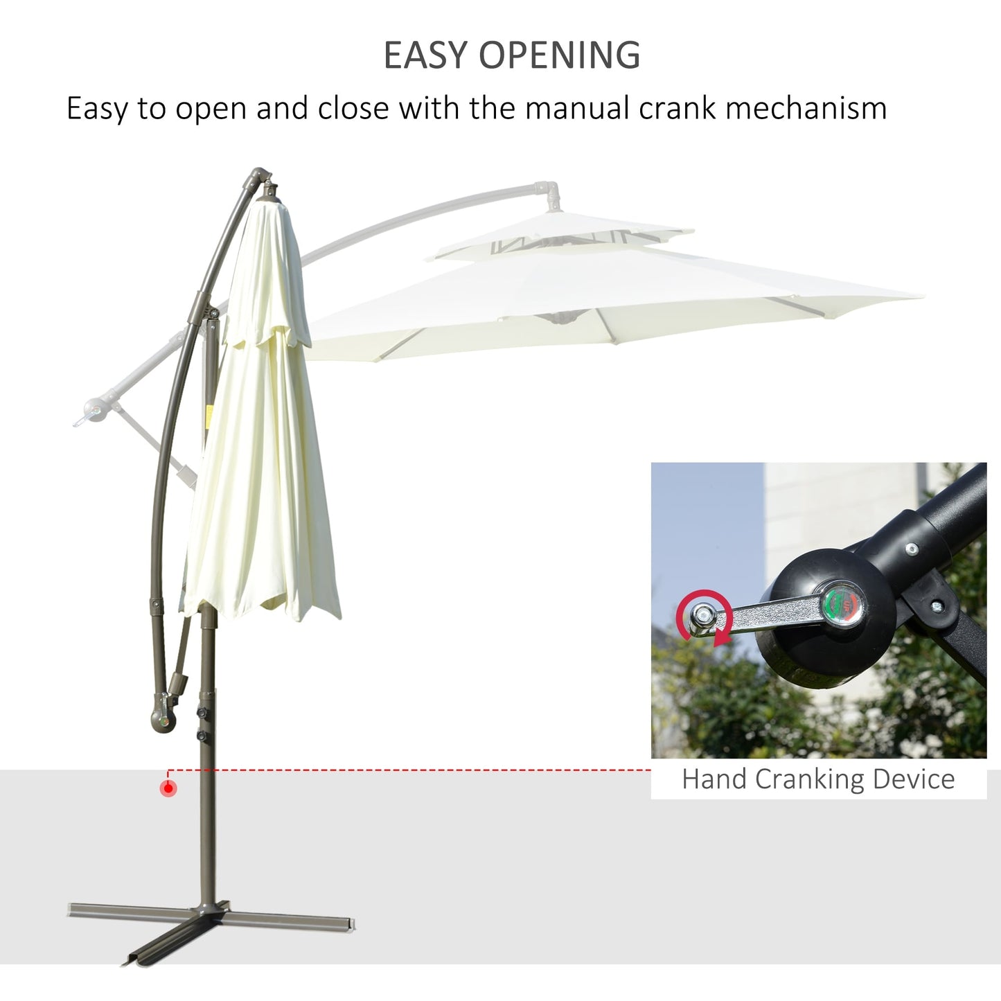 Parasol déporté Outsunny 9' à 2 niveaux avec manivelle, base en croix et 8 baleines, pour jardin et terrasse.