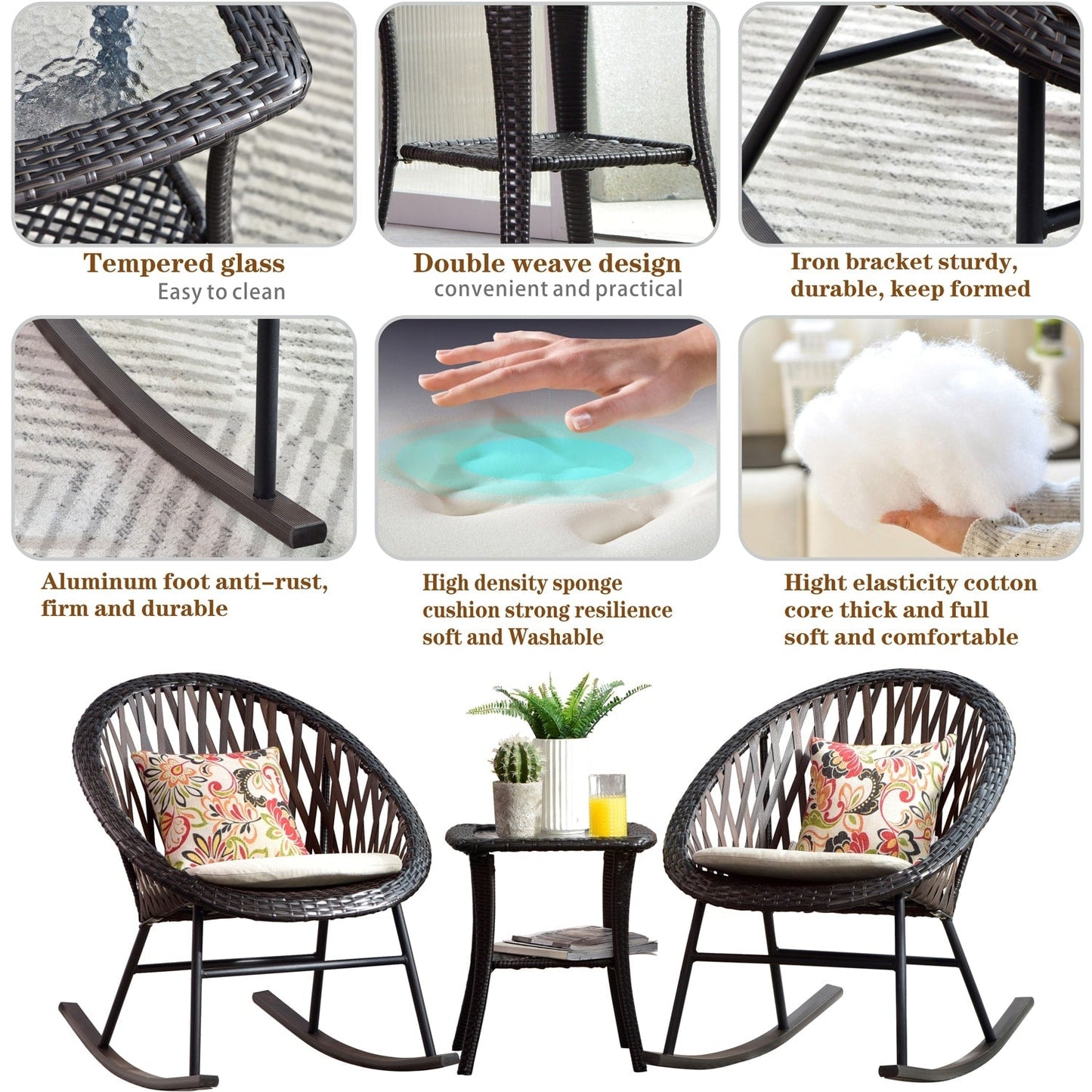 Ensemble bistrot OVIOS 3 pièces avec chaises à bascule et table basse en verre